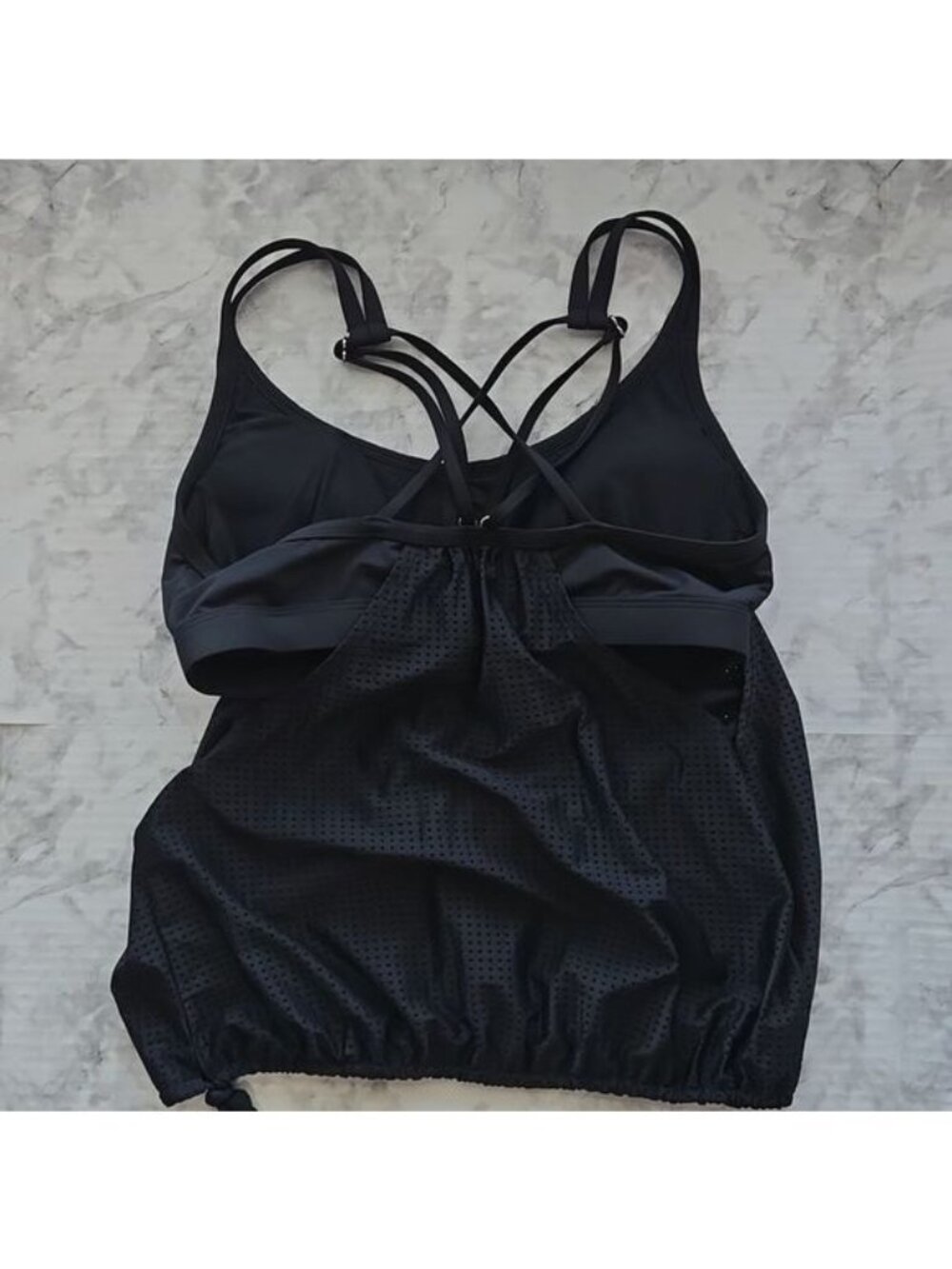 CALIA by Carrie Underwood Mesh Pieced Blouson Tankini Top, Black Womens Sz S (2